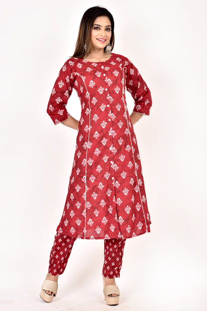 Maroon Geometric Print A-Line Kurta With Pant