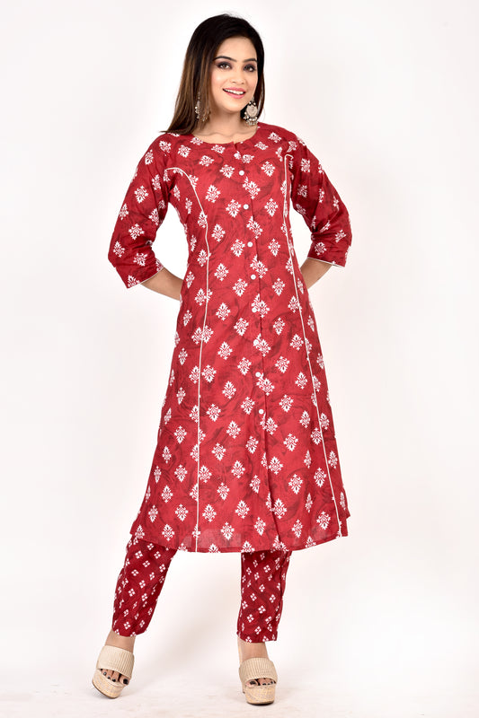Maroon Geometric Print A-Line Kurta With Pant