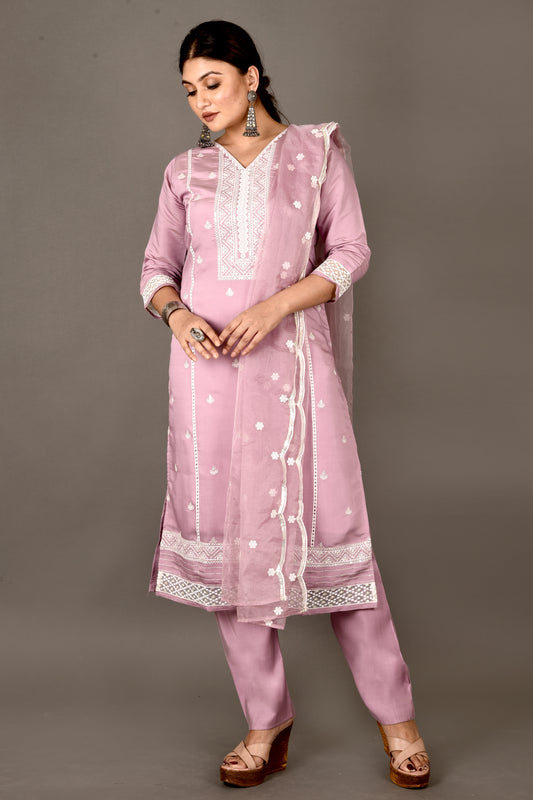 Lilac Embroidered Kurta With Pant & Dupatta