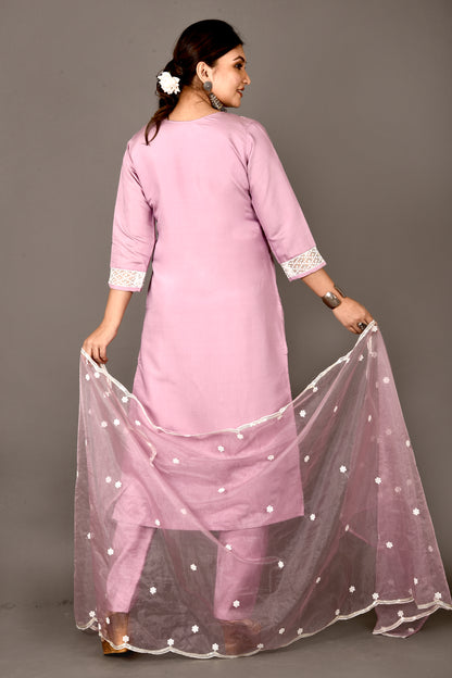 Lilac Embroidered Kurta With Pant & Dupatta