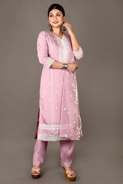 Lilac Embroidered Kurta With Pant & Dupatta