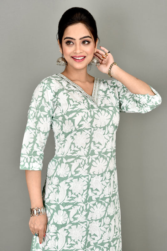 Light Green Floral Print Embroidered Kurta With Pant
