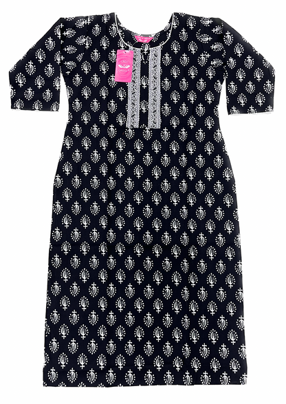 Black Leaf Print Straight Kurta