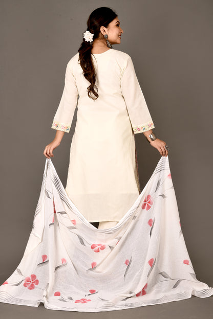 Off-White Embroidered Kurta With Pant & Dupatta