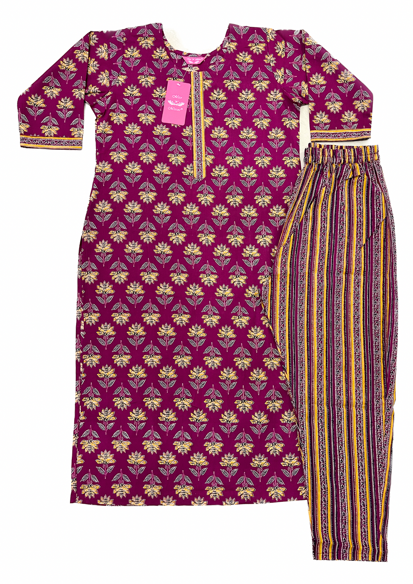 Wine & Yellow Floral Print Kurta With Pant