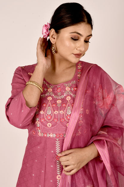 Onion Pink Embroidered Anarkali Kurta With Pant & Dupatta