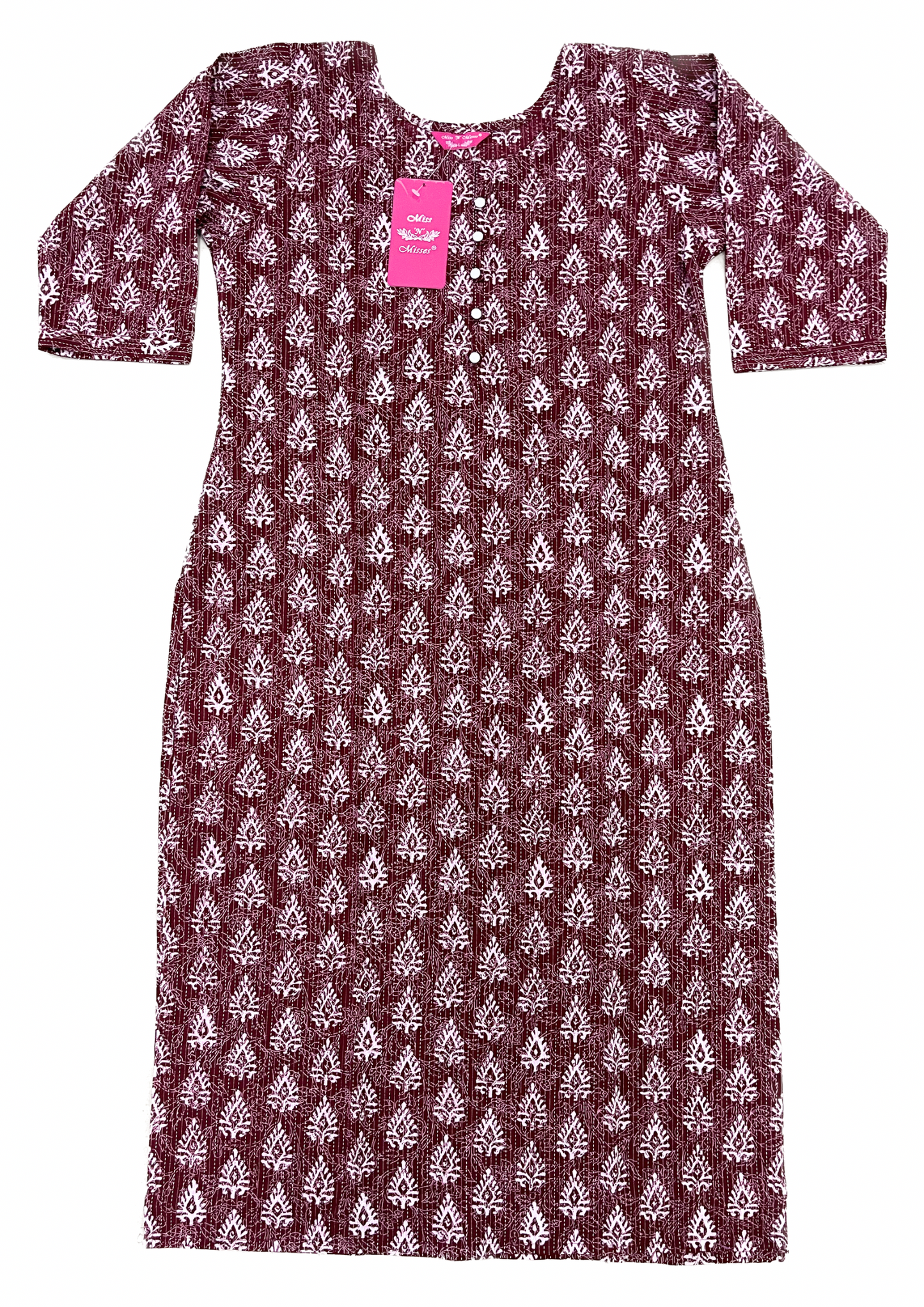 Burgundy Floral Print Threadwork Straight Kurta