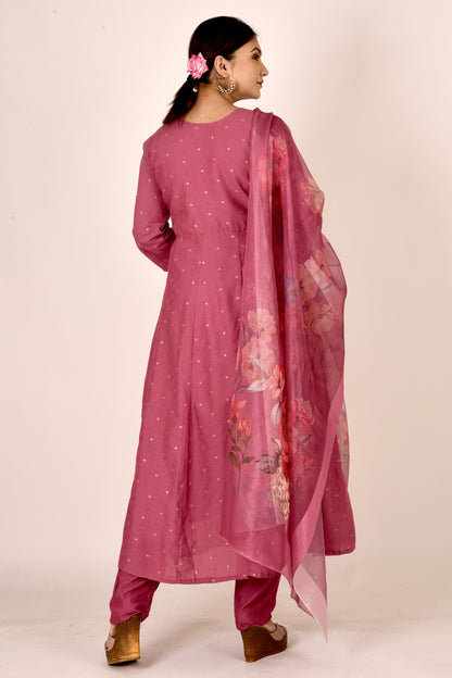 Onion Pink Embroidered Anarkali Kurta With Pant & Dupatta