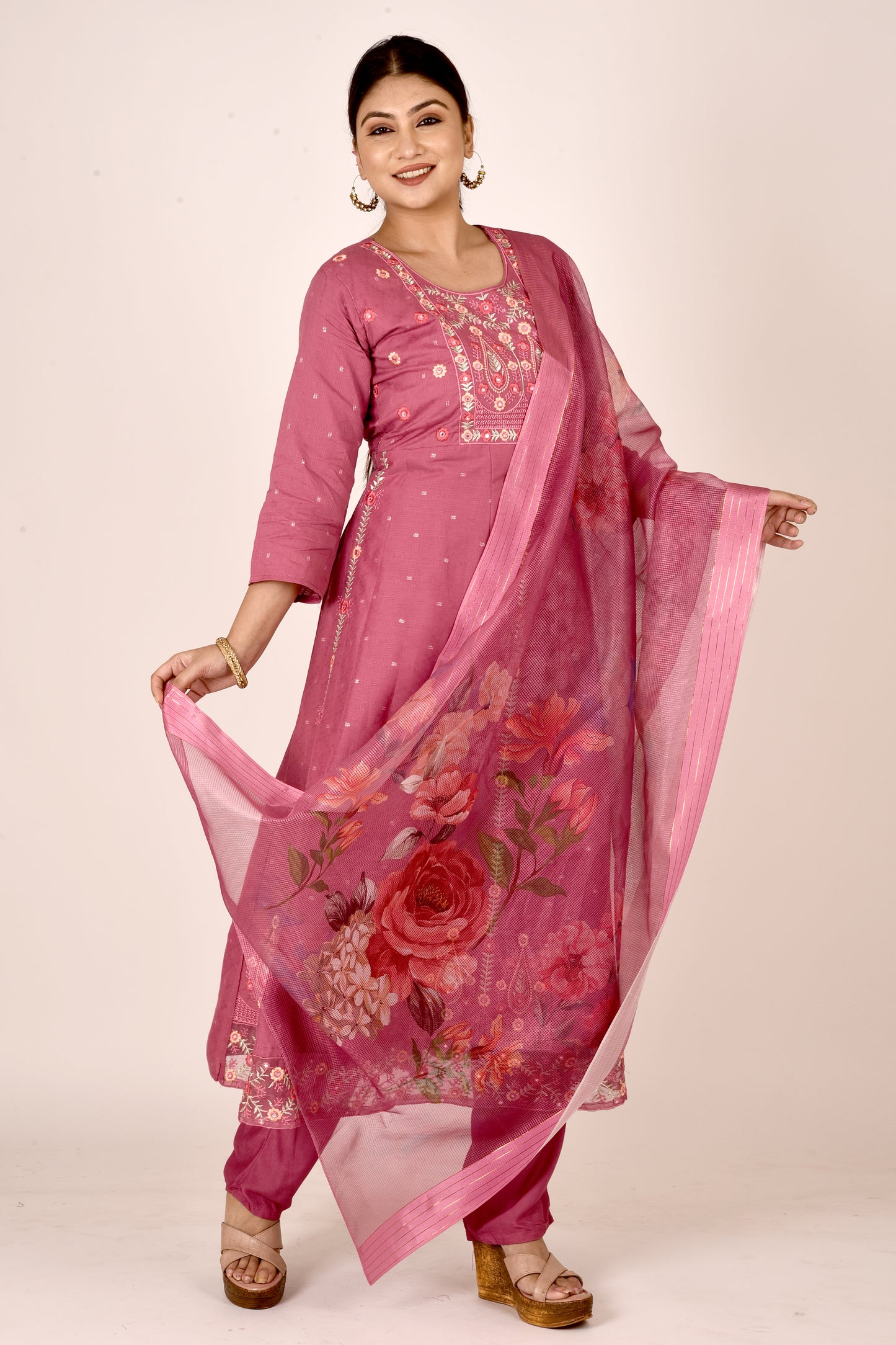 Onion Pink Embroidered Anarkali Kurta With Pant & Dupatta