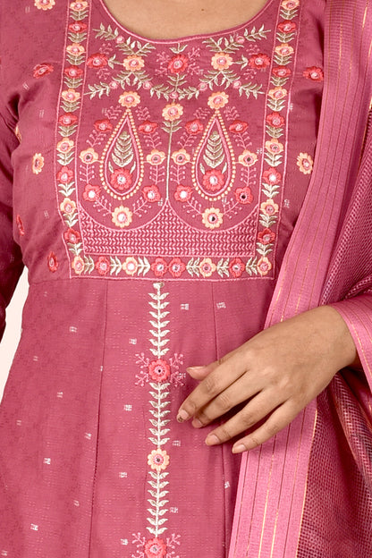 Onion Pink Embroidered Anarkali Kurta With Pant & Dupatta