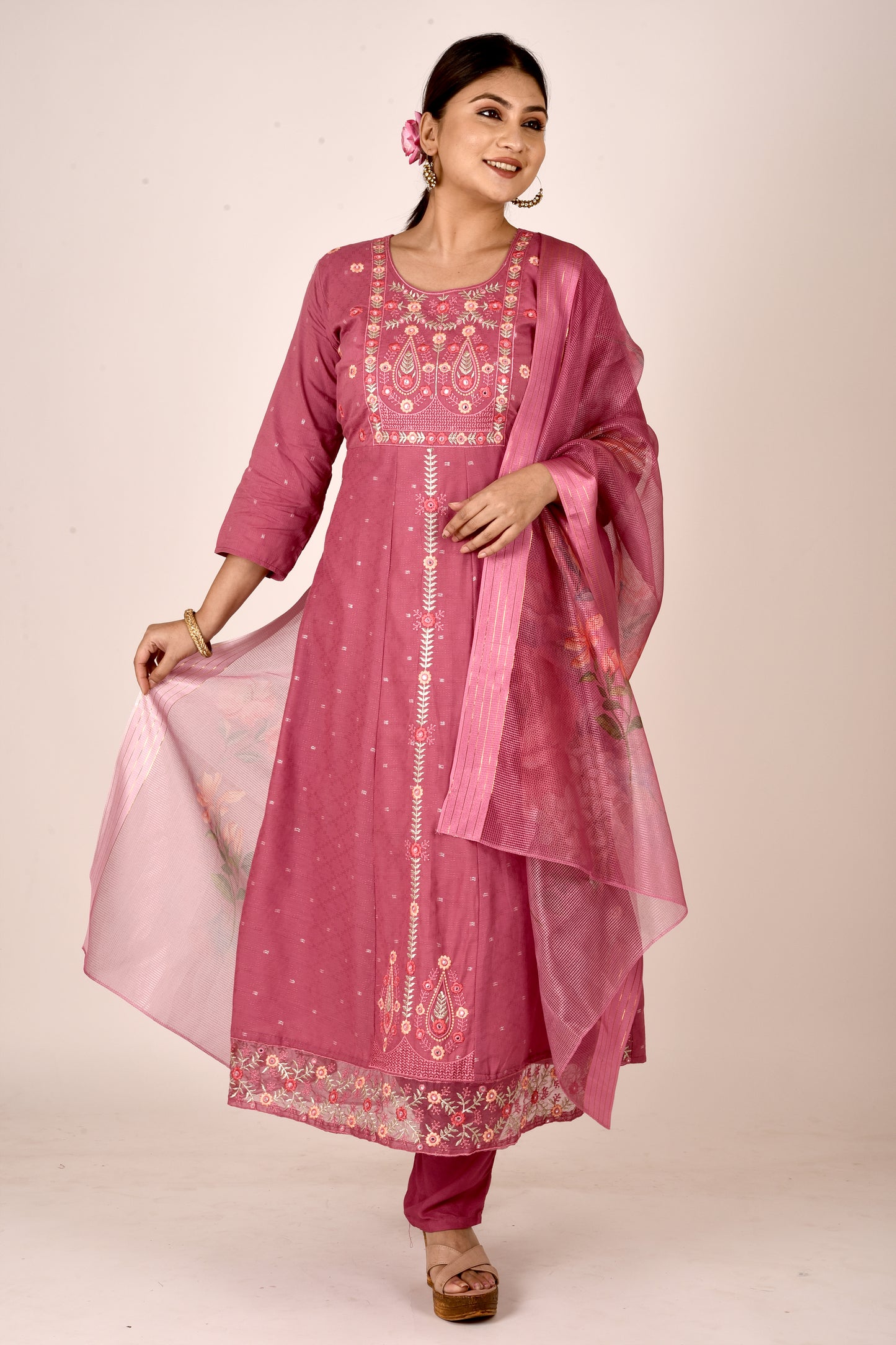 Onion Pink Embroidered Anarkali Kurta With Pant & Dupatta