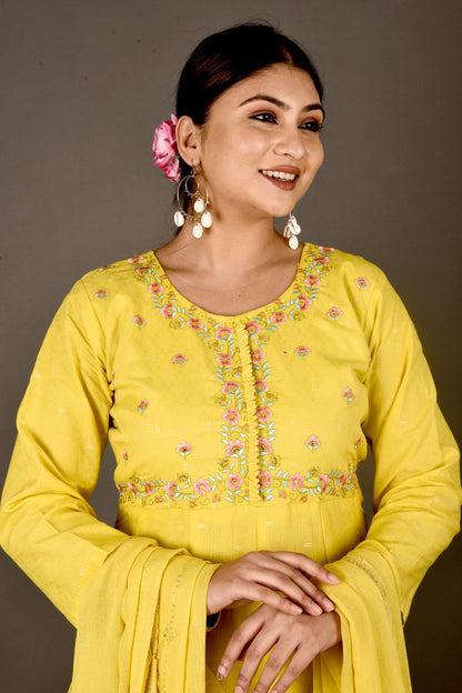 Yellow Embroidered Anarkali Kurta With Pant & Dupatta