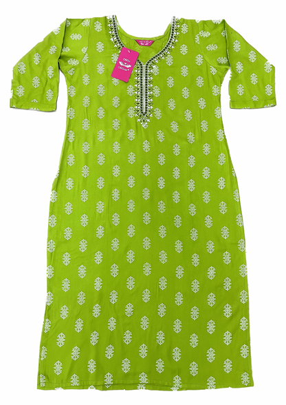 Parrot Green Floral Embroidered Straight Kurta