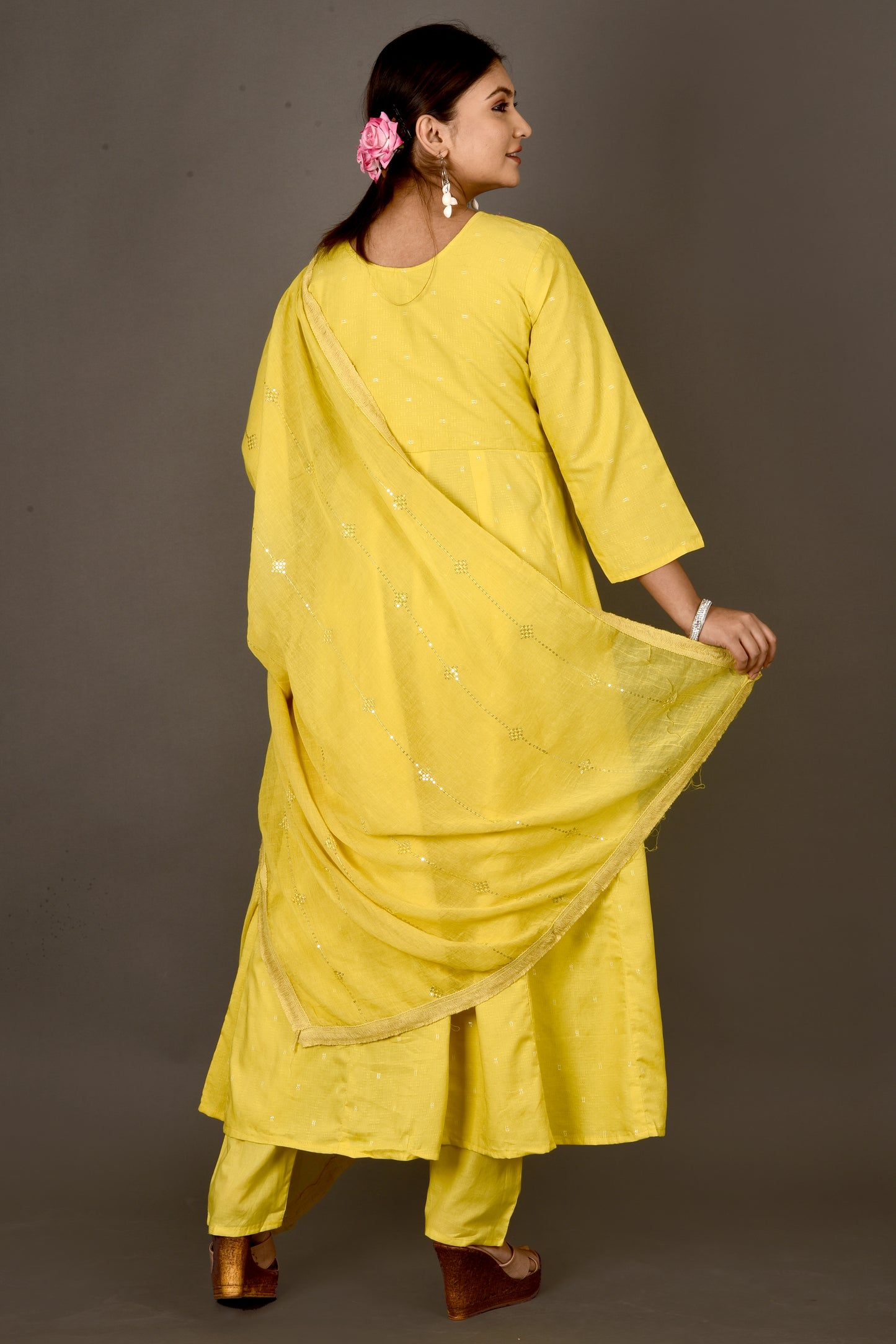 Yellow Embroidered Anarkali Kurta With Pant & Dupatta