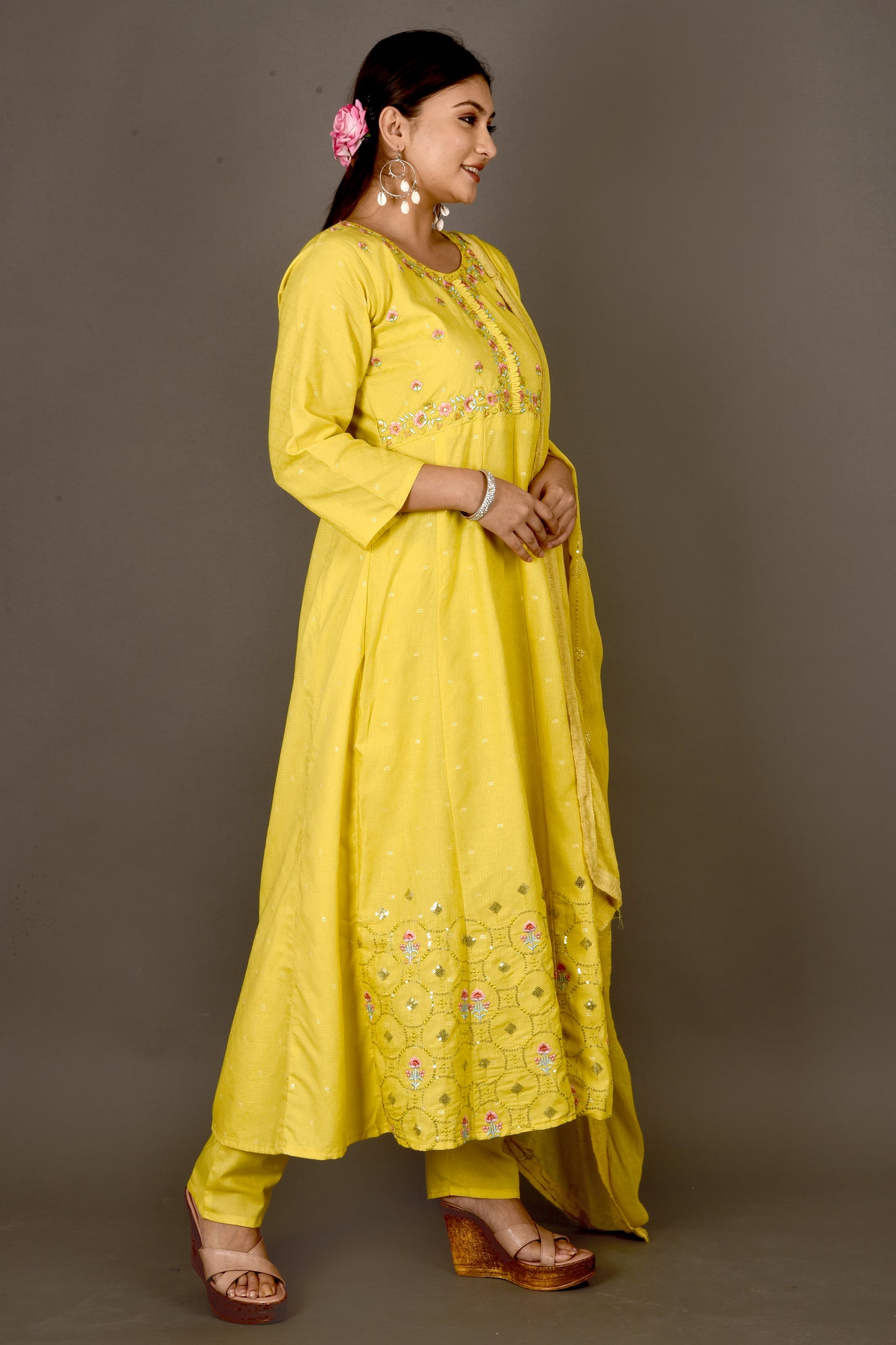 Yellow Embroidered Anarkali Kurta With Pant & Dupatta