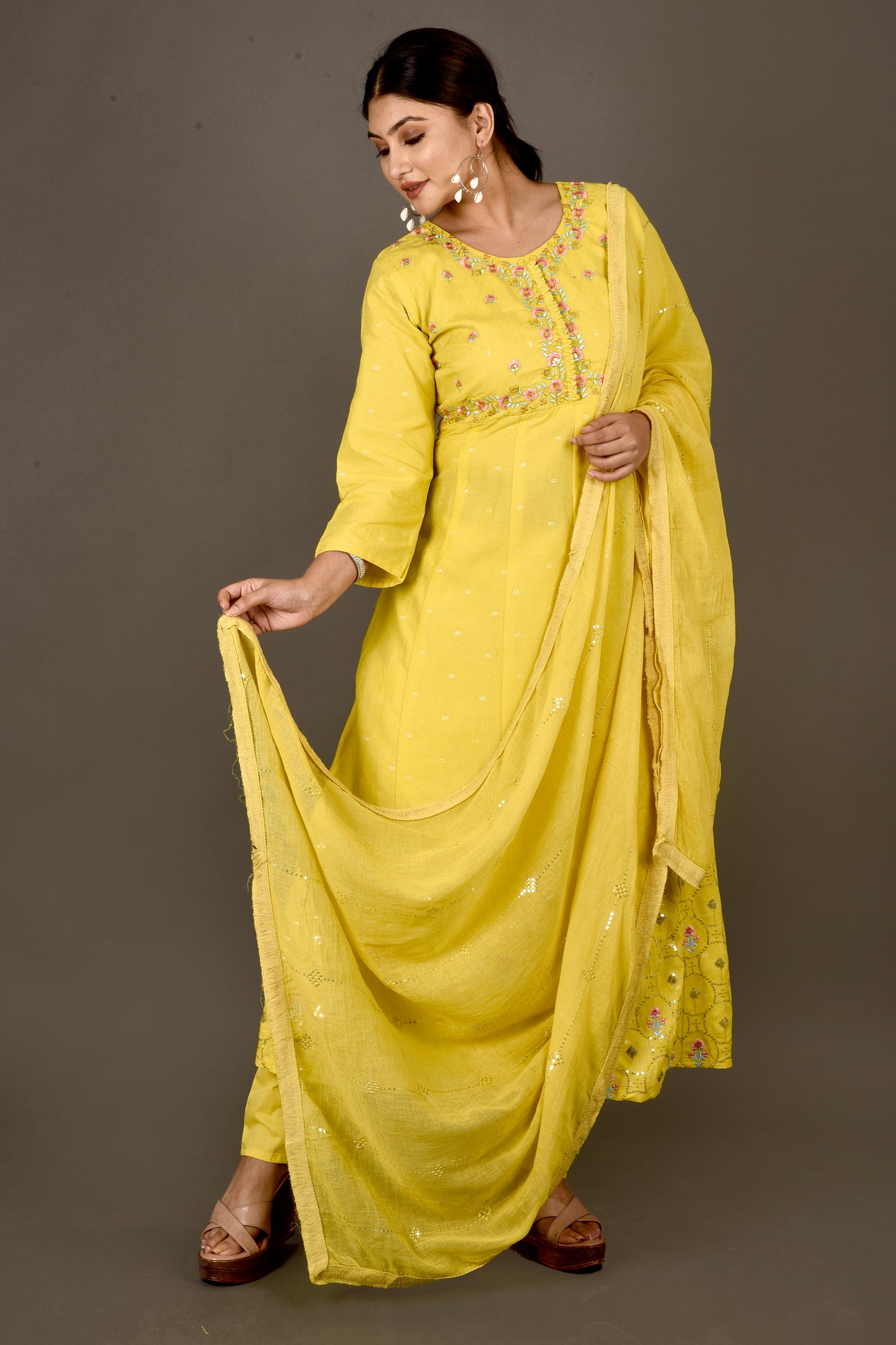 Yellow Embroidered Anarkali Kurta With Pant & Dupatta