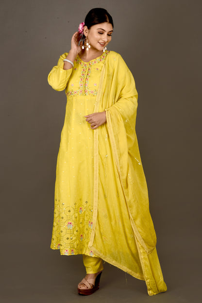 Yellow Embroidered Anarkali Kurta With Pant & Dupatta