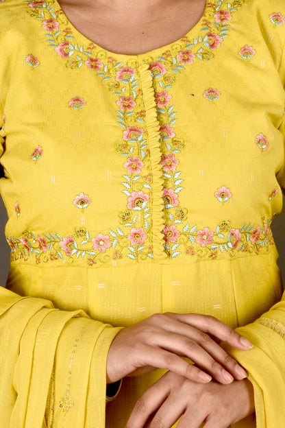 Yellow Embroidered Anarkali Kurta With Pant & Dupatta