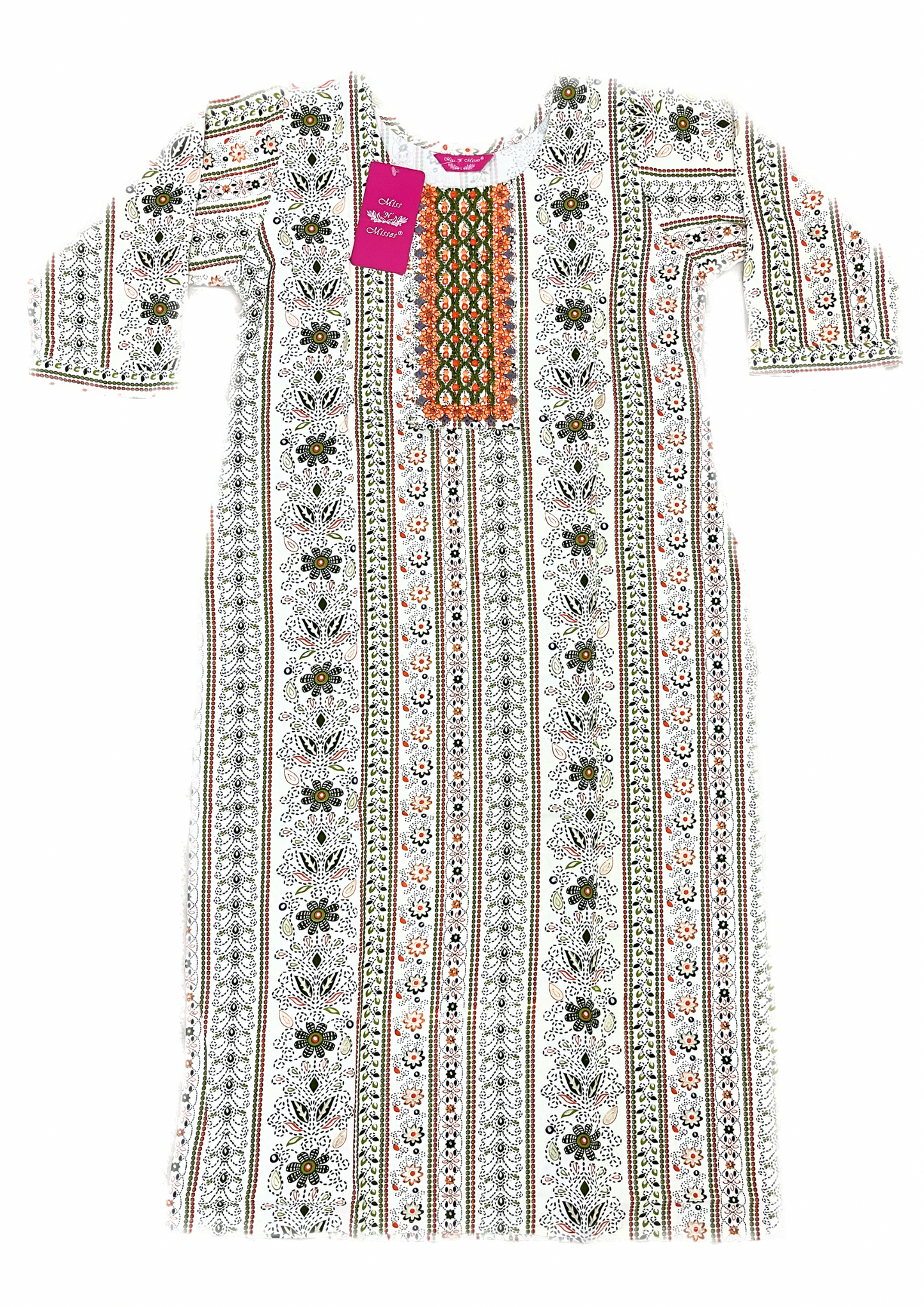 Off-White & Green Floral Embroidered Straight Kurta