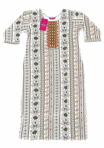 Off-White & Green Floral Embroidered Straight Kurta