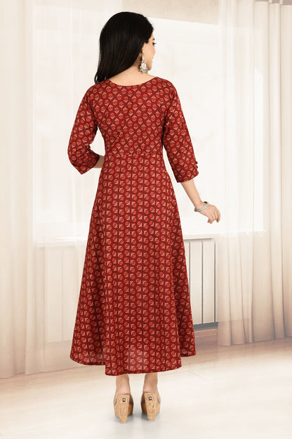 Maroon Floral Print Flared Kurta