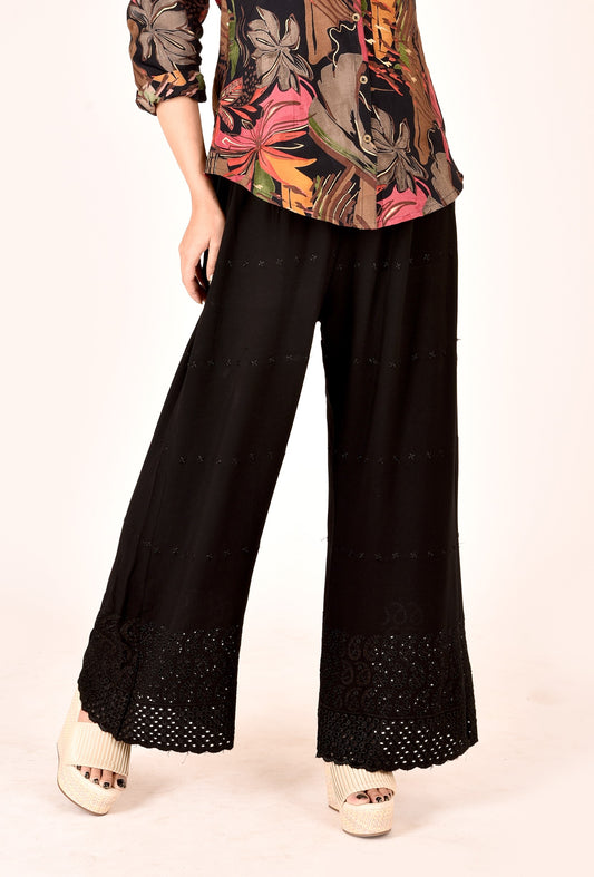 Black Schiffli Embroidered Palazzo