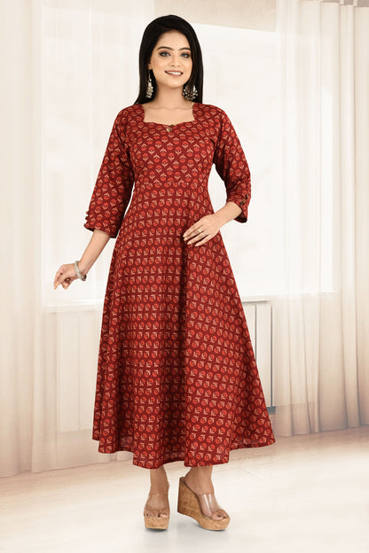 Maroon Floral Print Flared Kurta