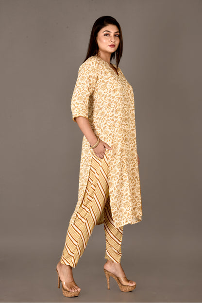 Off-White & Yellow Floral Print Angrakha Kurta With Pant