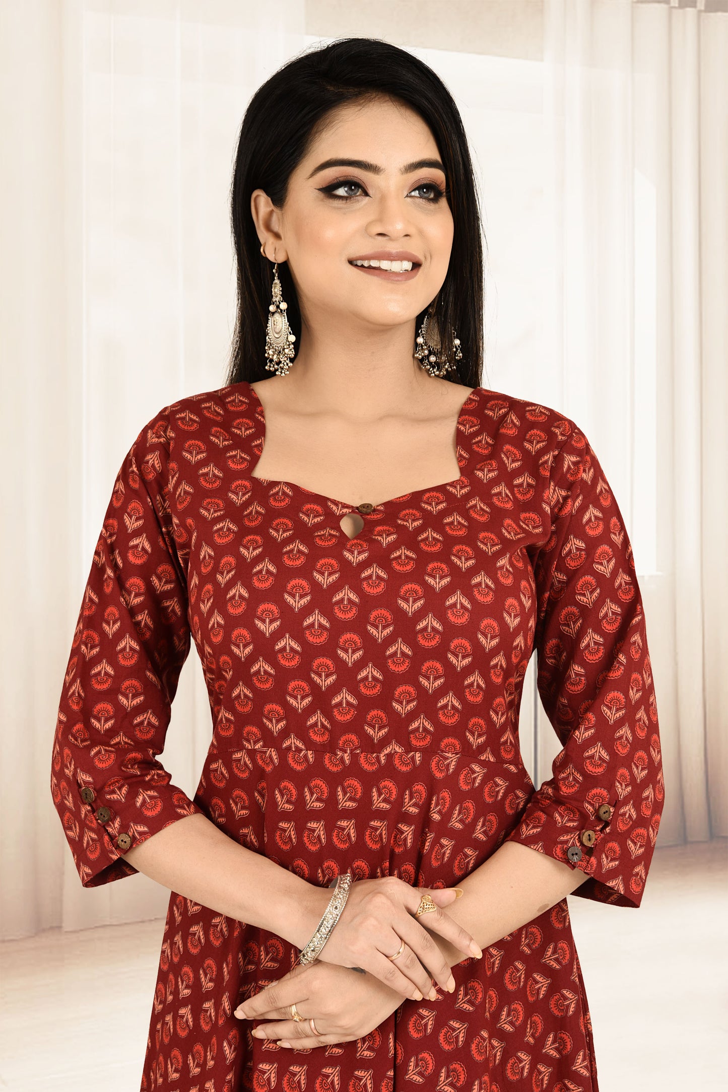 Maroon Floral Print Flared Kurta