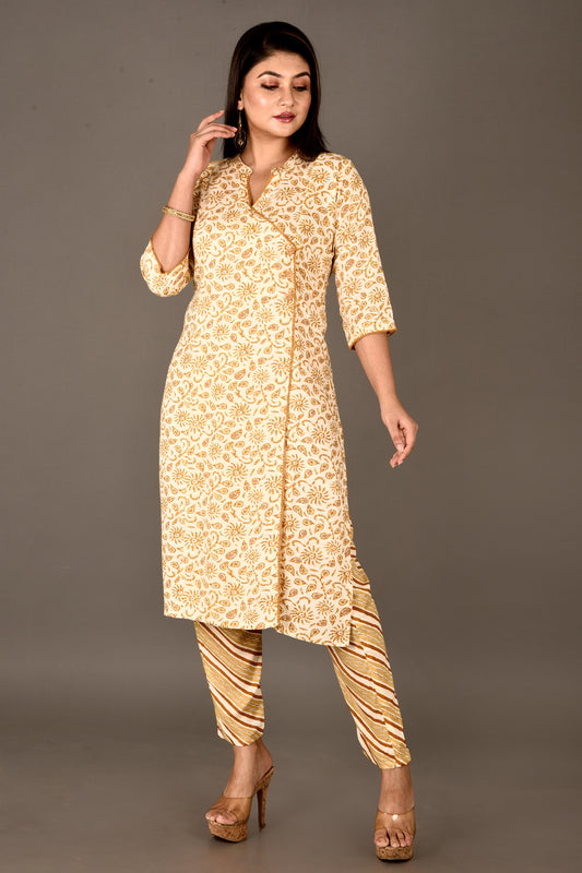 Off-White & Yellow Floral Print Angrakha Kurta With Pant