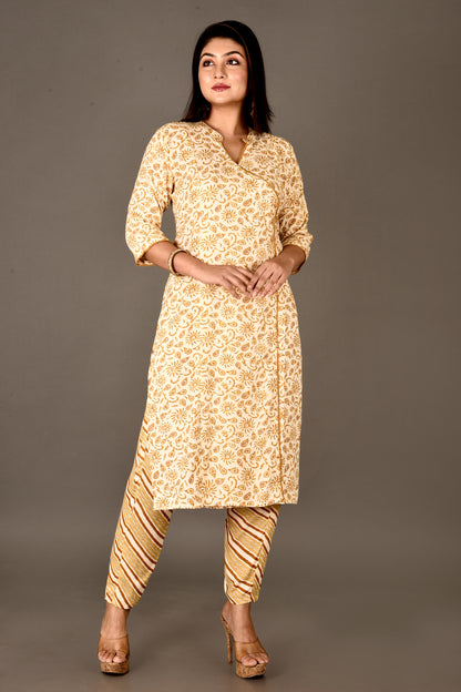 Off-White & Yellow Floral Print Angrakha Kurta With Pant