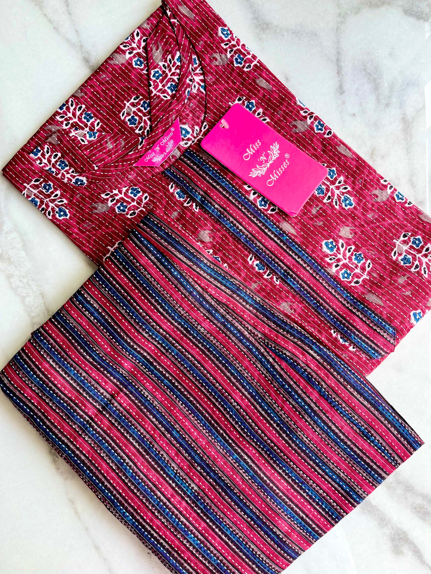 Maroon Floral Print Threadwork Kurta With Pant