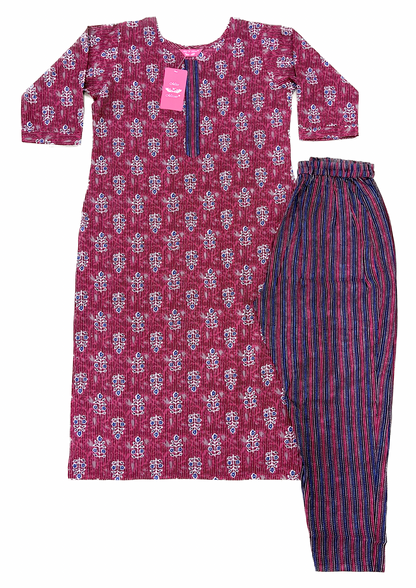 Maroon Floral Print Threadwork Kurta With Pant