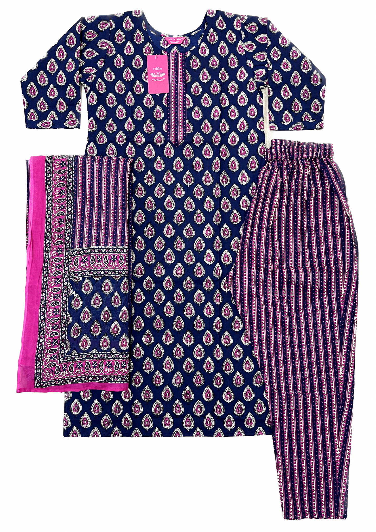 Navy Blue & Pink Leaf Print Kurta With Pant & Dupatta