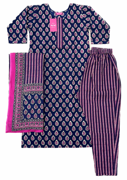 Navy Blue & Pink Leaf Print Kurta Set with Dupatta