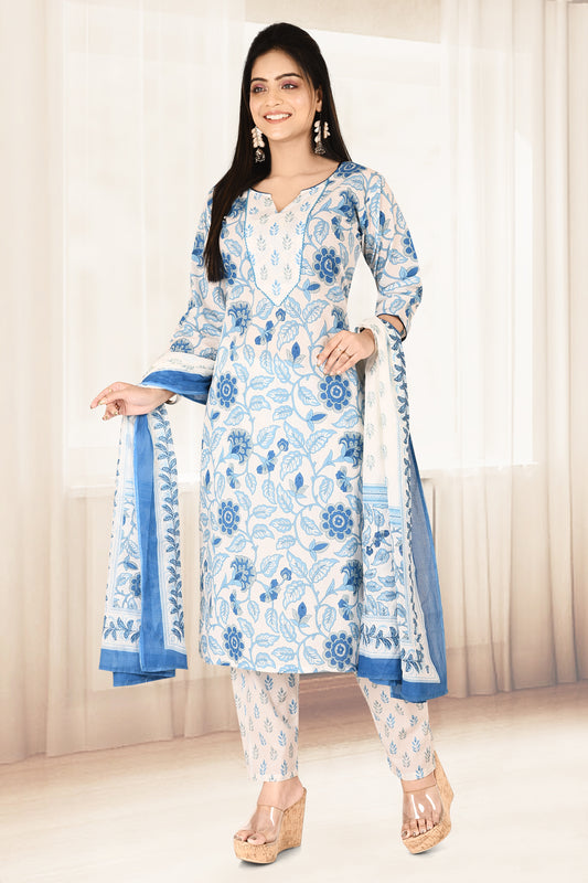 Blue & White Floral Print Kurta Set with Dupatta