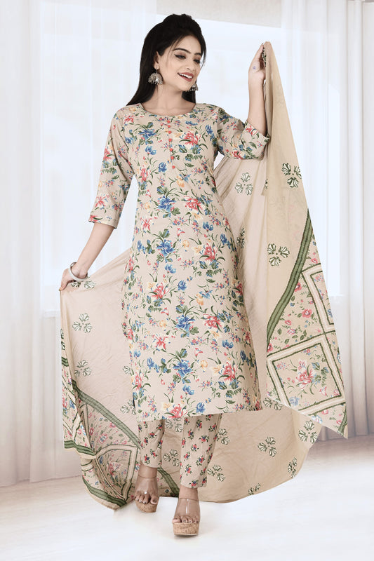 Ecru Multicolour Floral Print Kurta With Pant & Dupatta