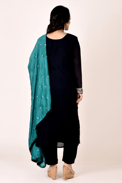 Midnight Blue Embroidered Kurta With Pant & Dupatta