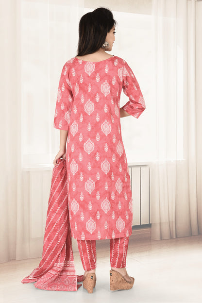 Watermelon Red Ornate Print Kurta With Pant & Dupatta