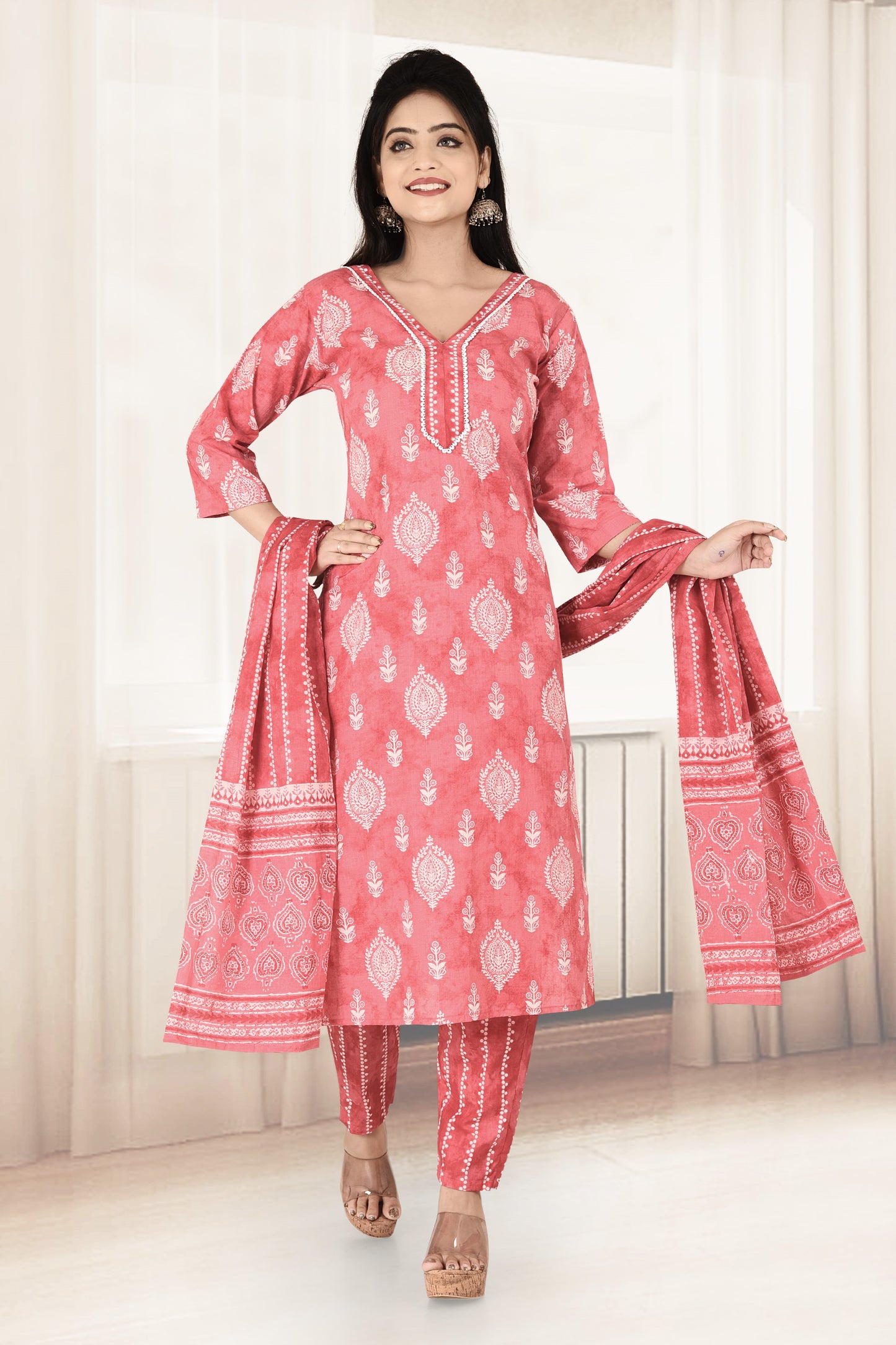 Watermelon Red Ornate Print Kurta With Pant & Dupatta