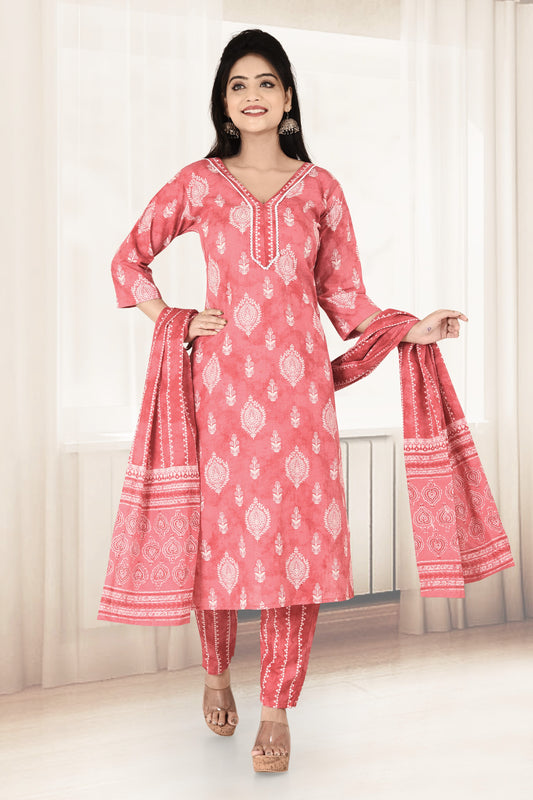 Watermelon Red Ornate Print Kurta Set with Dupatta