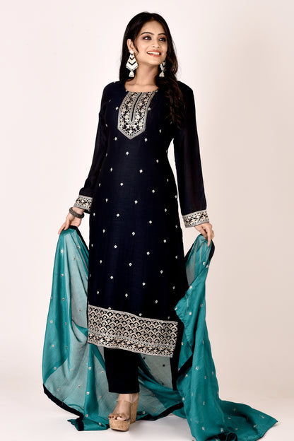 Midnight Blue Embroidered Kurta With Pant & Dupatta