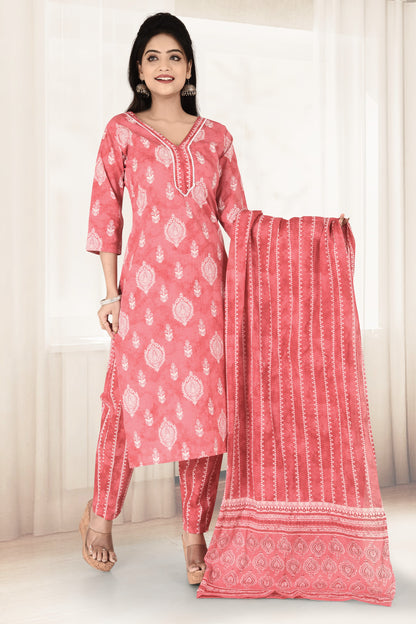 Watermelon Red Ornate Print Kurta With Pant & Dupatta