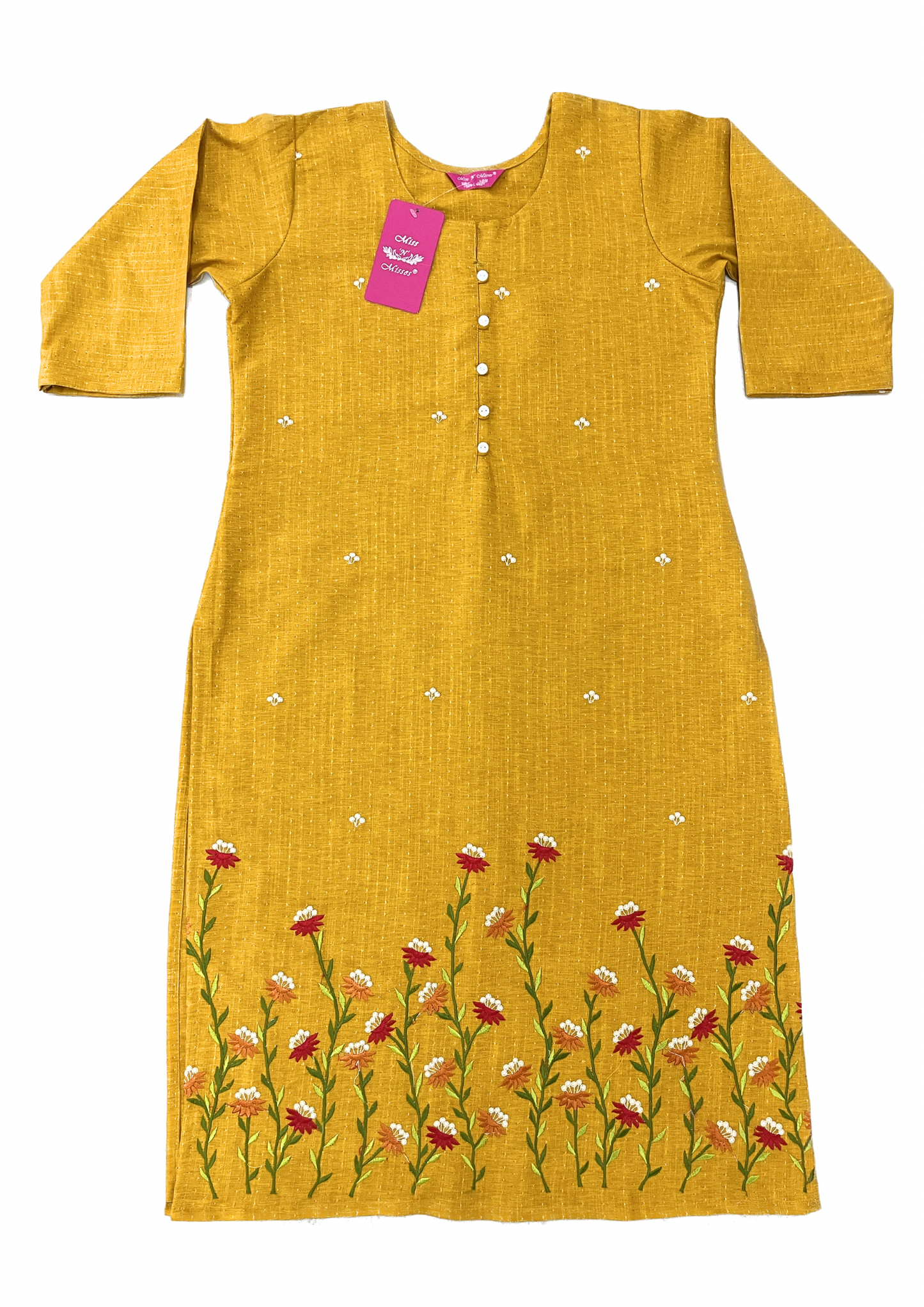 Mustard Yellow Floral Embroidered Straight Kurta