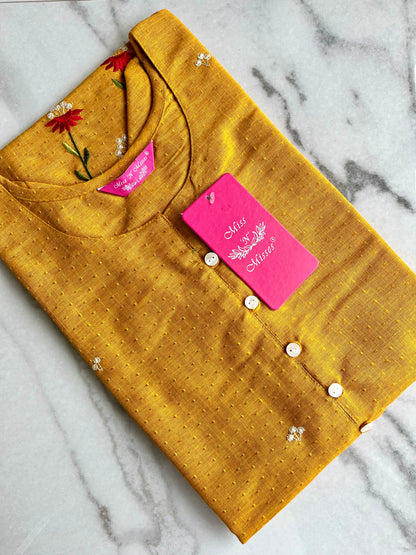 Mustard Yellow Floral Embroidered Straight Kurta