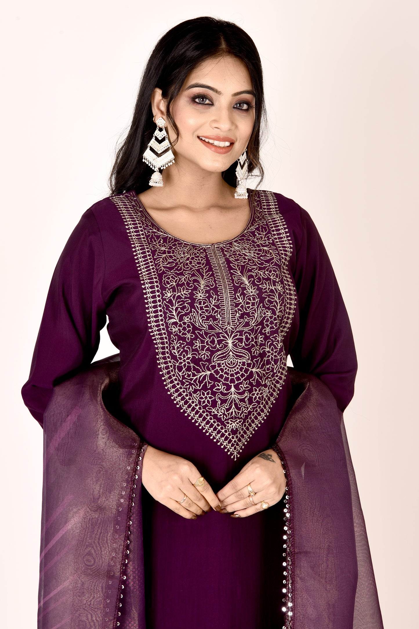 Mulberry Purple Embroidered Kurta With Pant & Dupatta