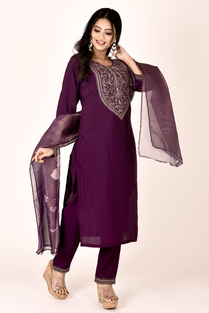 Mulberry Purple Embroidered Kurta With Pant & Dupatta