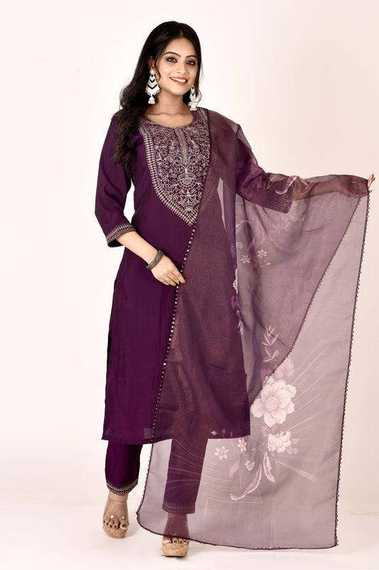 Mulberry Purple Embroidered Kurta With Pant & Dupatta