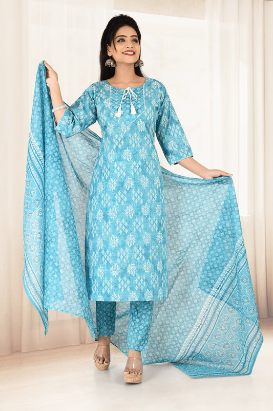 Aqua Blue Floral Print Kurta Set with Dupatta