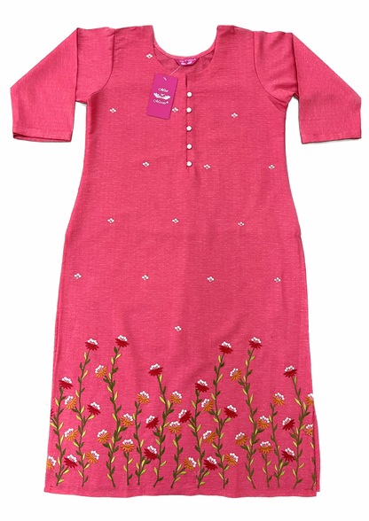 Pink Floral Embroidered Straight Kurta